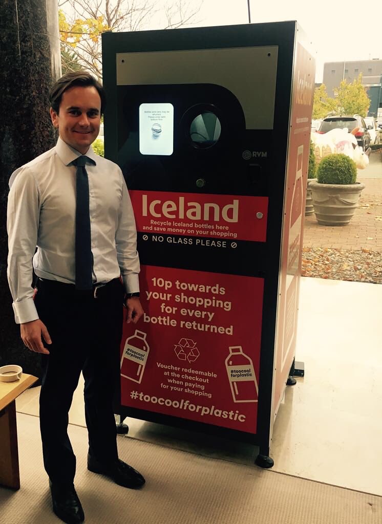Richard Walker Managing Director of Iceland Foods with the RVM Systems Reverse Vending Machine at Iceland Foods Head Office