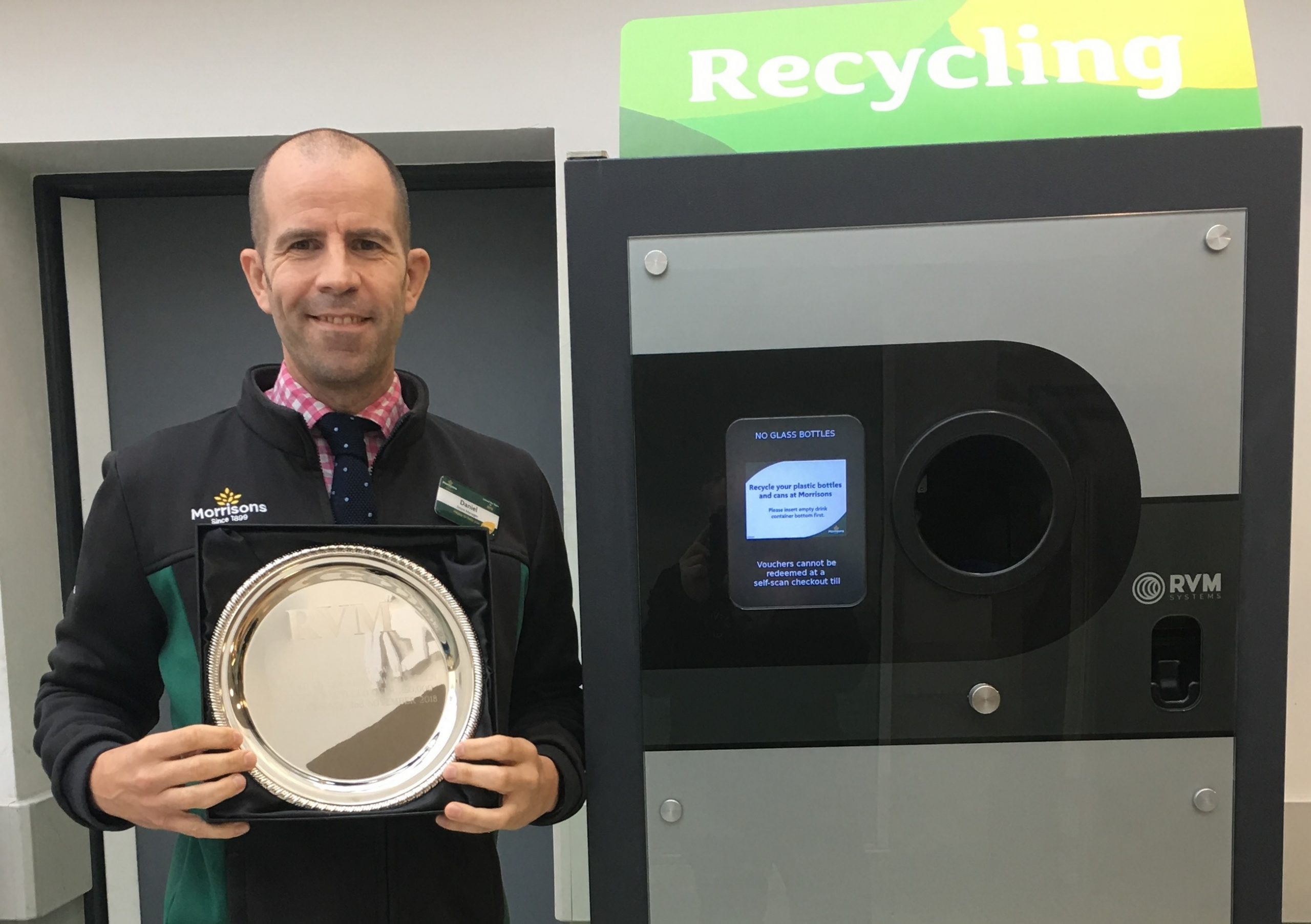 Morrisons Wood Green Store recycle over 250,000 used drink containers On the 9th of July 2019 RVM Systems presented an award to Morrisons Wood Green store manager Daniel Haffenden to celebrate that the store has recycled over 250,000 plastic drink bottles and drink cans since the 2nd of November 2018.