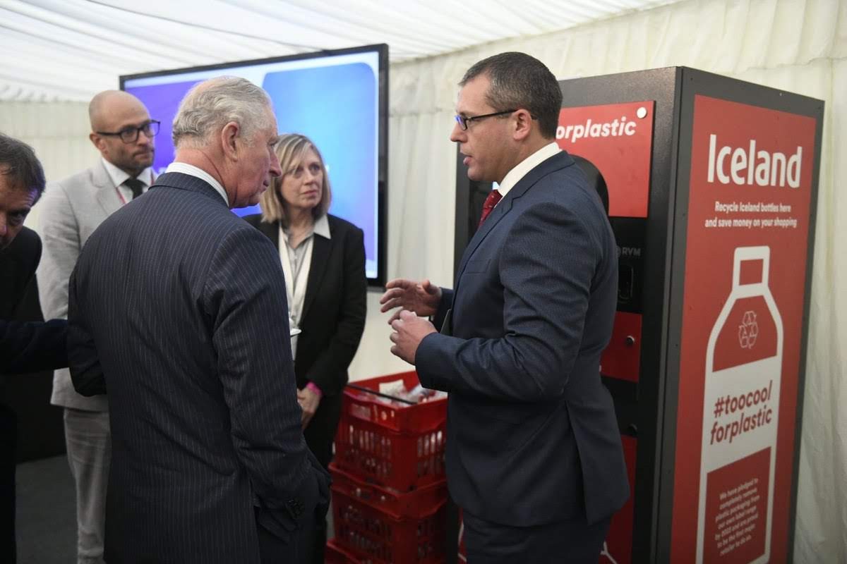 HRH Charles, Prince of Wales using the Iceland Foods Reverse Vending Machine